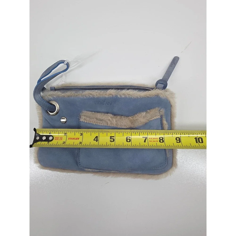 Hogan Blue Suede Shearling Trim Wristlet Clutch Bag Made in Italy